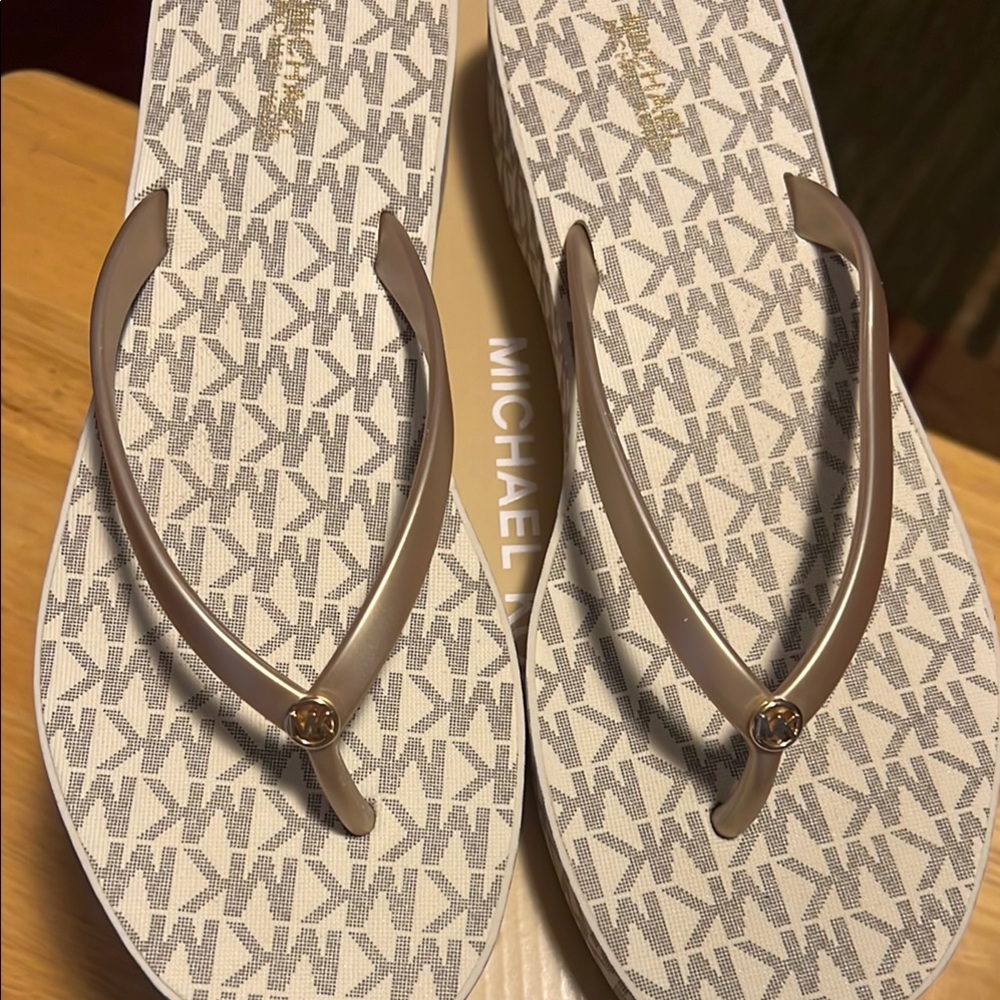 Michael Kors Beige and White Monogram Sandals